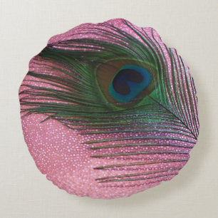 Metallic Pink Peacock Round Pillow