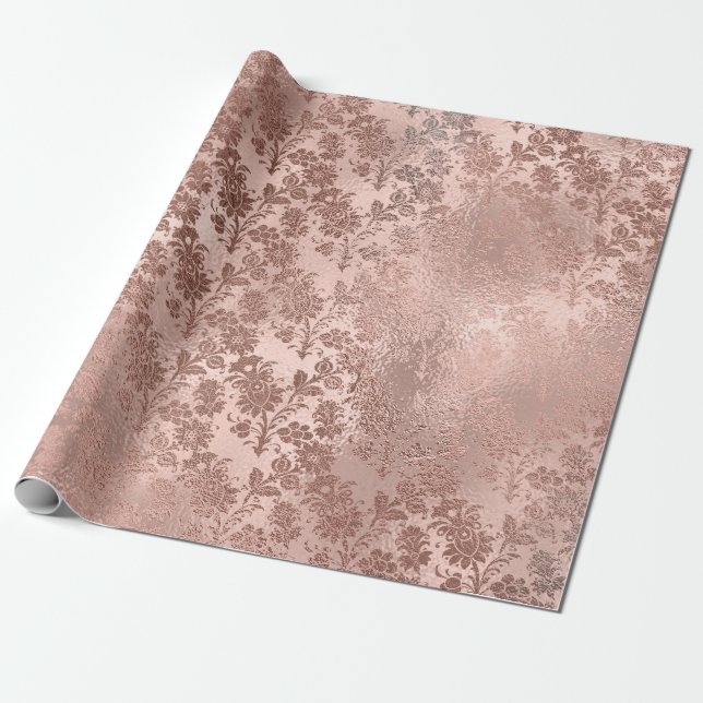 Metallic Pink Rose Gold Powder Bridal Blush Floral Wrapping Paper (Unrolled)