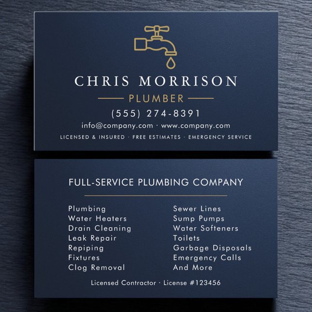 Metallic Plumber Navy Blue Gold Minimalist Business Card (Creator Uploaded)