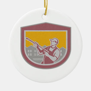 Metallic Pressure Washer Cleaner Worker Retro Shie Ceramic Ornament