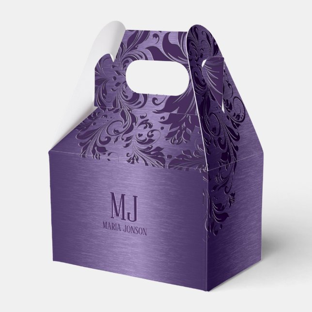 Metallic Purple Brushed Aluminum Purple Lace Favor Box (Front Side)