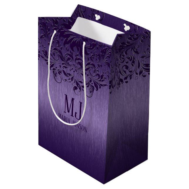Metallic Purple Brushed Aluminum Purple Lace Medium Gift Bag (Back Angled)