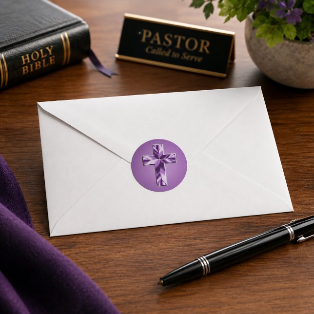 Metallic Purple Cross  Classic Round Sticker (The foil design is simulated, no metal is used in this product.)