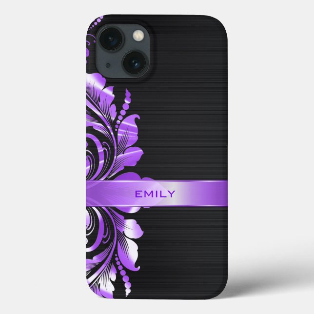 Metallic Purple Floral Swirl Black Background Case-Mate iPhone Case (Back)