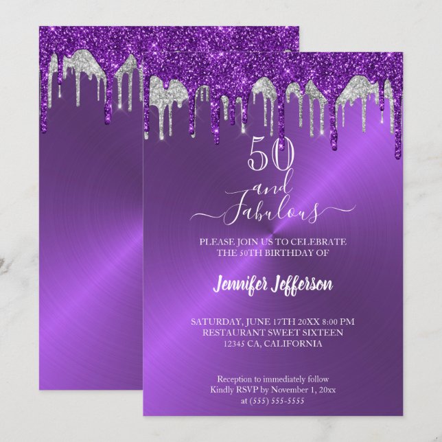 Metallic purple glitter Birthday Invitation (Front/Back)