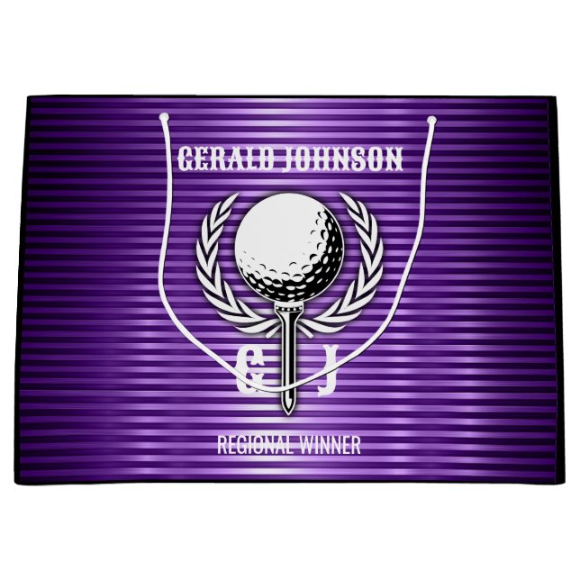 Metallic Purple Lines Golf Monogram Design Large Gift Bag (Front)