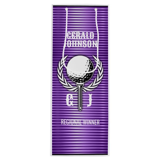 Metallic Purple Lines Golf Monogram Design Wine Gift Bag (Front)