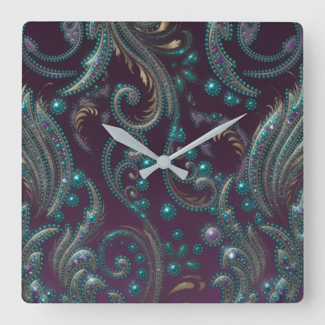 Metallic Purple Teal Gold Square Wall Clock (Front)