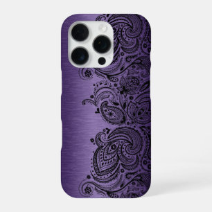 Metallic Purple With Black Paisley Lace iPhone 16 Pro Case