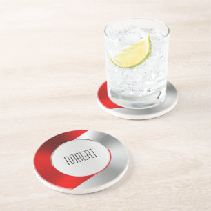 Metallic red and silver geometric design coaster
