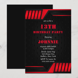 Metallic Red Black 13th Birthday Party Invites
