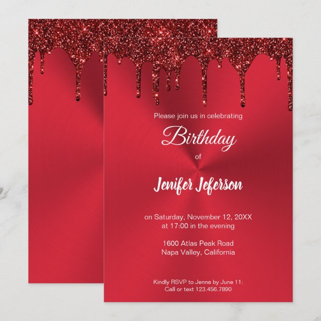 Metallic red glitter Birthday Invitation (Front/Back)