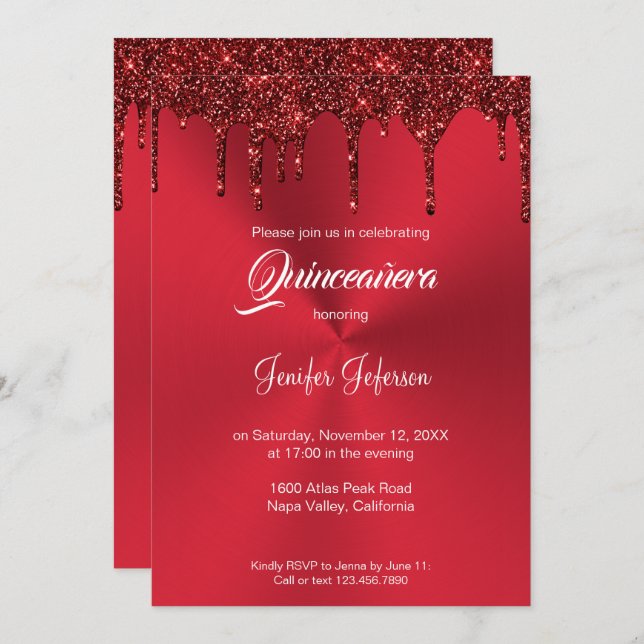 Metallic red glitter Quinceanera Invitation (Front/Back)