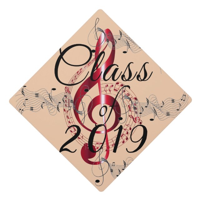 Metallic Red Music Symbol on Black on a Graduation Cap Topper (Front)