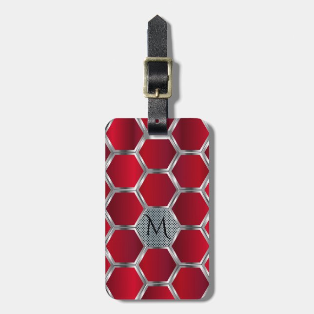 Metallic Red & Silver Octagonal Pattern Luggage Tag (Front Vertical)