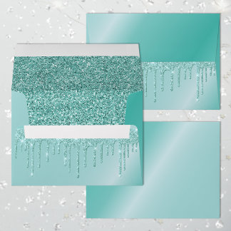 Metallic Robins Egg Aqua Blue Dripping Glitter Lux Envelope