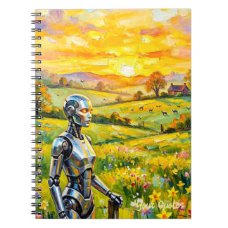 Metallic Robot in Sunset Meadow Oil Painting Notebook