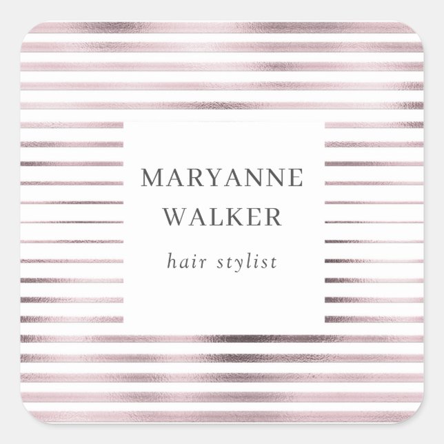 metallic rose gold foil stripes elegant monogram square sticker (Front)