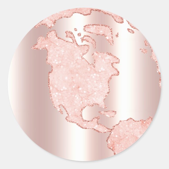 Metallic Rose Gold Glitter + Blush Pink Globe Classic Round Sticker (Front)