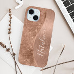 Metallic Rose Gold Glitter Personalized  iPhone 15 Case<br><div class="desc">Easily personalize this rose gold brushed metal and glamourous faux glitter patterned phone case with your own custom name.</div>