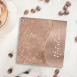 Metallic Rose Gold Glitter Personalized Glass Coaster<br><div class="desc">Easily personalize this rose gold brushed metal and glamourous faux glitter patterned glass coaster with your own custom name.</div>
