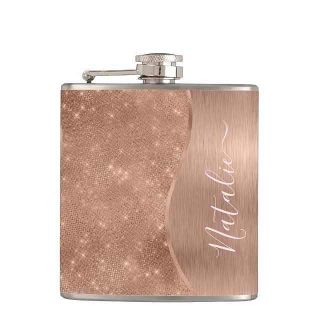 Metallic Rose Gold Glitter Personalized Hip Flask (Front)
