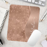 Metallic Rose Gold Glitter Personalized Mouse Pad<br><div class="desc">Easily personalize this rose gold brushed metal and glamourous faux glitter patterned mouse pad with your own custom name.</div>