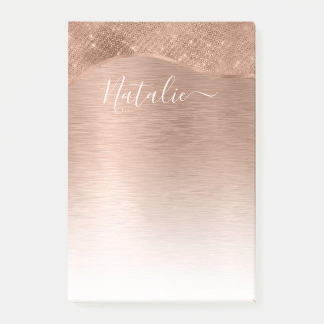 Metallic Rose Gold Glitter Personalized Post-it Notes (Front)