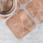 Metallic Rose Gold Glitter Personalized Square Paper Coaster<br><div class="desc">Easily personalize this rose gold brushed metal and glamourous faux glitter patterned paper coaster with your own custom name.</div>