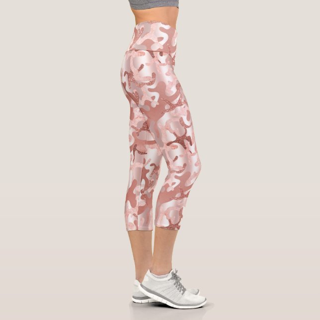 Metallic Rose Gold Glitter Pink Marble Camo Print Capri Leggings (Right)