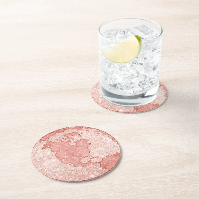 Metallic Rose Gold Glitter + Pink Marble Globe Round Paper Coaster (Insitu)
