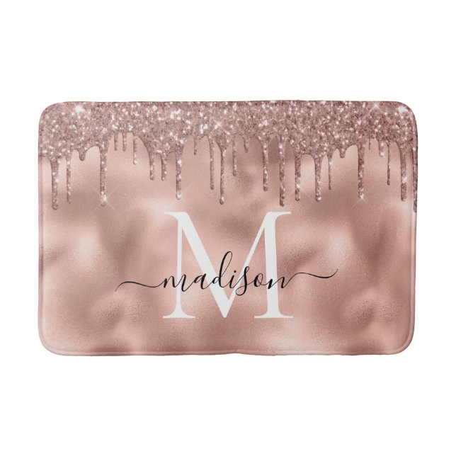 Metallic Rose Gold Monogram Pink Glitter Drips Bath Mat (Front)