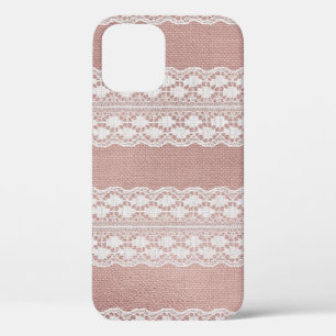 Metallic rose gold, off-white lace texture. iPhone 12 case