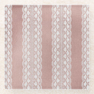 Metallic rose gold, off-white lace texture. glass coaster
