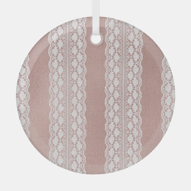 Metallic rose gold, off-white lace texture. glass ornament (Front)