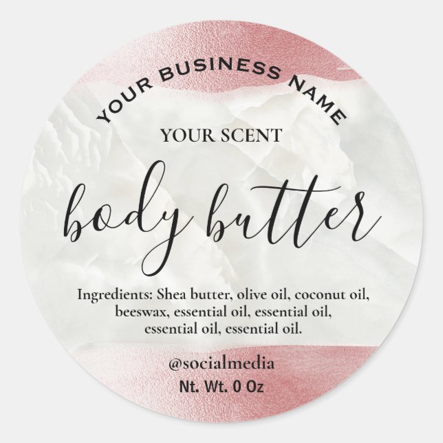 Metallic Rose Gold Pink Marble Body Butter Labels (Front)