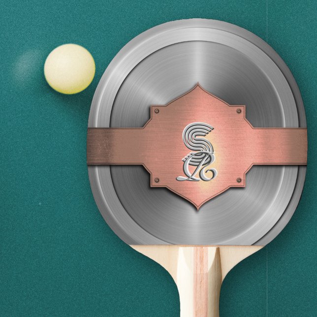 Metallic Rose Gold Steel trompe l’œil  Monogram   Ping Pong Paddle (Creator Uploaded)