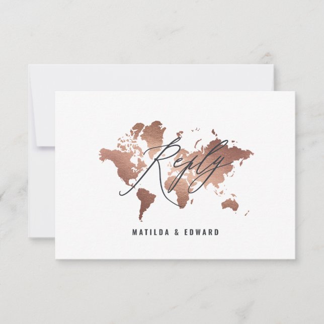 Metallic rose gold world map wedding R.S.V.P RSVP Card (Front)