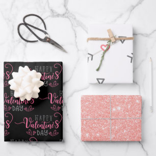 Metallic Rose Sparkle Glitter Happy Valentines Day Wrapping Paper Sheet