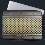 Metallic rough industrial guys men laptop sleeve<br><div class="desc">A cool rough industrial style for guys,  men.  Grey faux steel and gold looking metal and rivets.  Personalize and add your name,  light grey letters.</div>