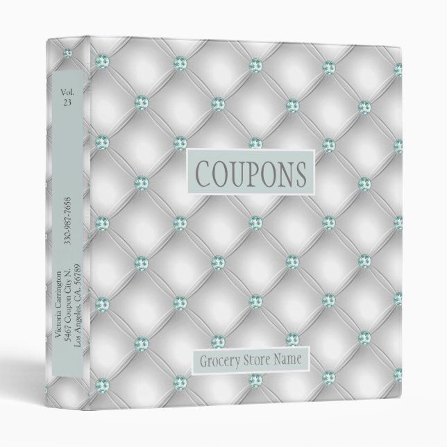 Metallic Satin White Mint Green Bling Coupon Binder (Front/Spine)