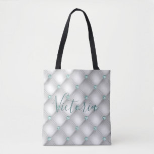Metallic Satin White Mint Green Bling Name Tote Bag