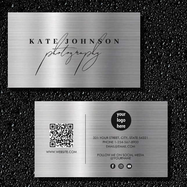 Metallic Signature Script QR Code Social Media  Business Card (Metallic Signature Script QR Code Social Media Business Card)