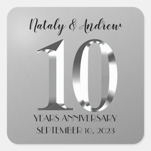 Metallic Silver 10th Wedding Anniversary Square Sticker (Front)