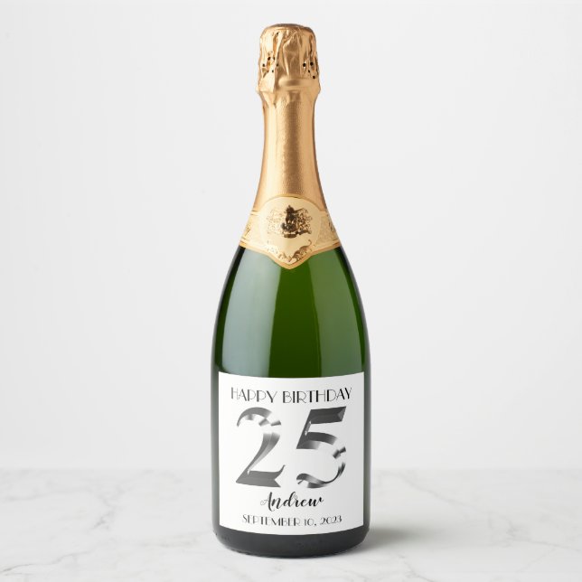 Metallic Silver 25th birthday Sparkling Wine Label (Front)