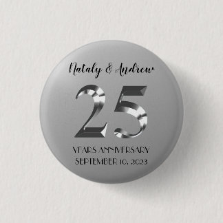 Metallic Silver 25th Wedding Anniversary 1 Inch Round Button