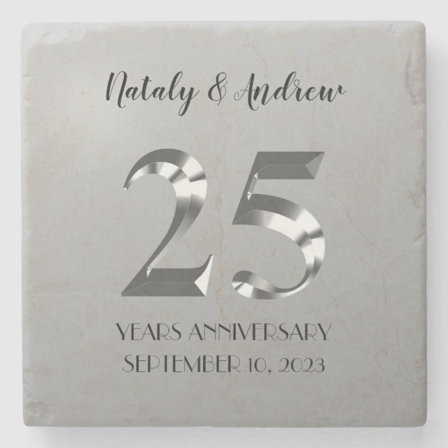Metallic Silver 25th Wedding Anniversary Stone Coaster (Front)