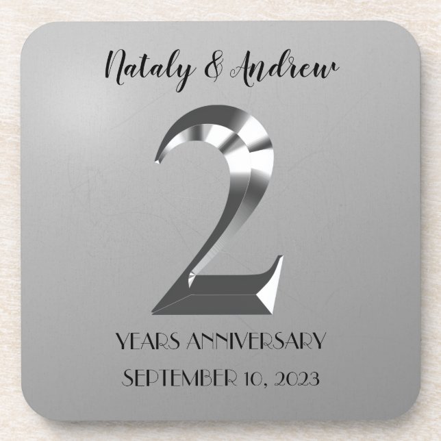 Metallic Silver 2th Wedding Anniversary Coaster (Front)