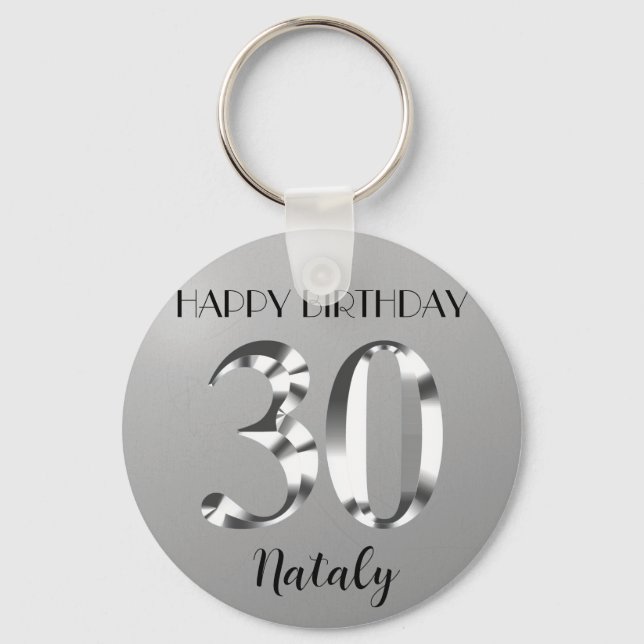 Metallic silver 30th birthday keychain (Front)