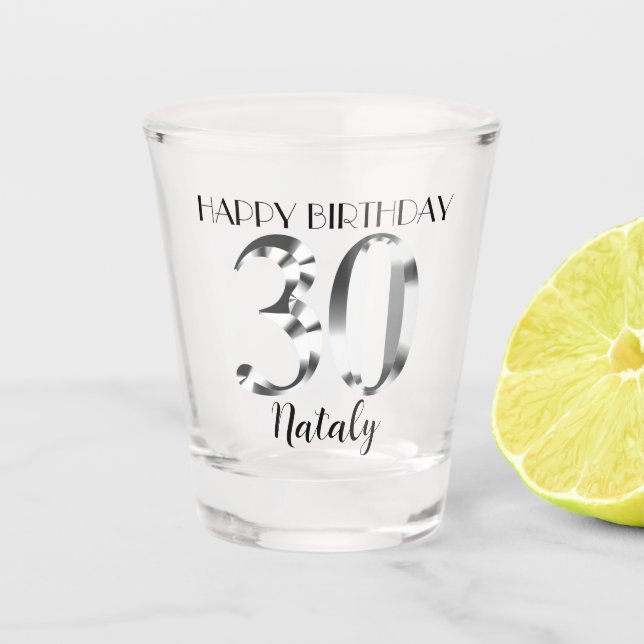 Metallic silver 30th birthday shot glass (Front)